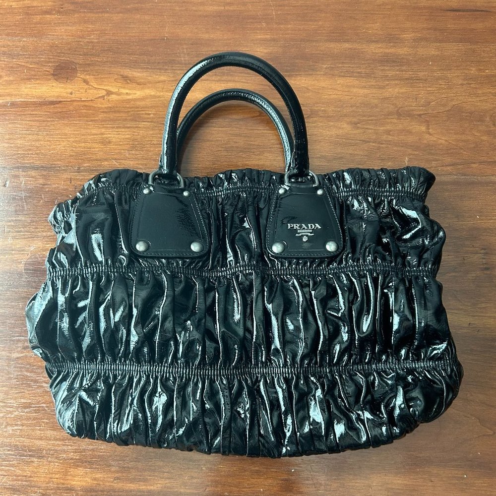 Prada Vernice Leather Gaufre Top Handle Bag - Black